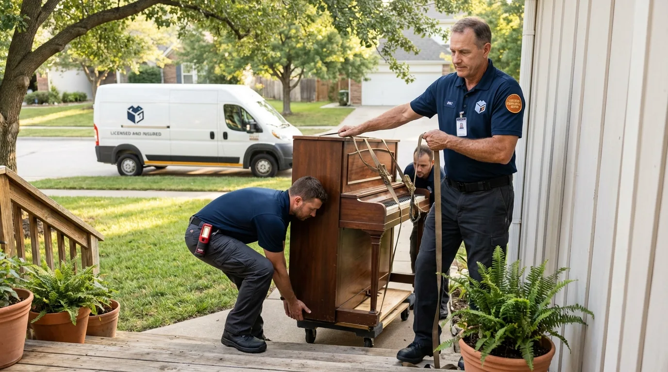 Licensed piano movers securing grand piano in Kenduskeag, ME