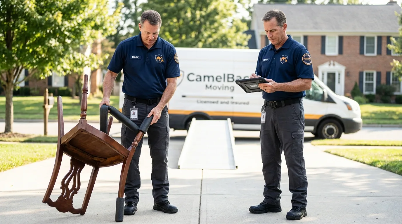 Movers inspecting furniture for damage prevention before loading in Kenduskeag, ME
